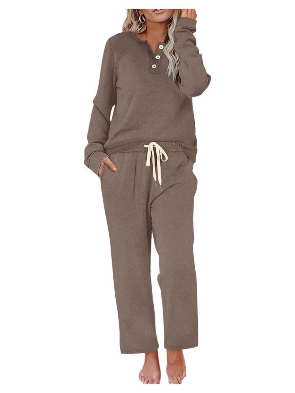 Womens Two Piece Lounge Set Button Down Henley Wide Leg Pants Pockets